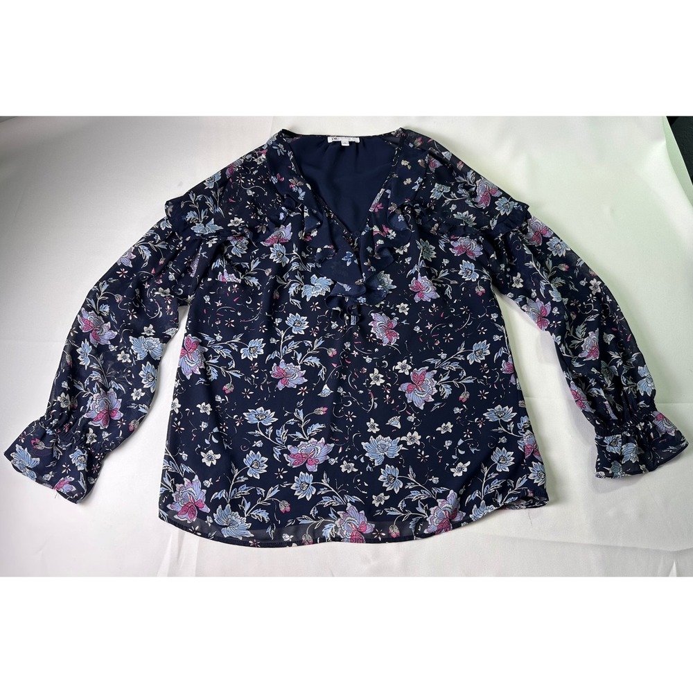 DR2 Floral Print Ruffle V Neck Long Sleeve Blouse Top - Women's‎ Size S